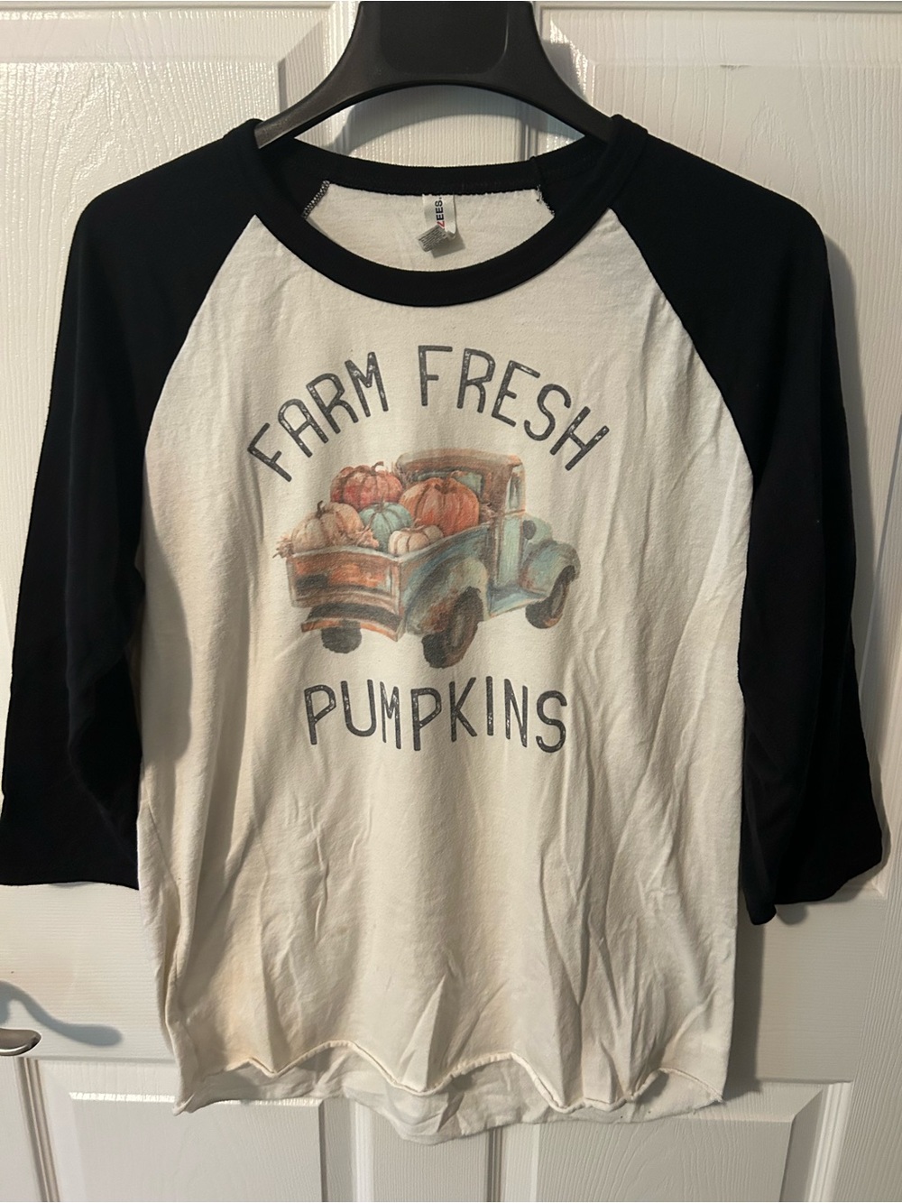 Jerzees Cream Raglan Tee with Black Sleeves & Pumpkin Truck Graphic